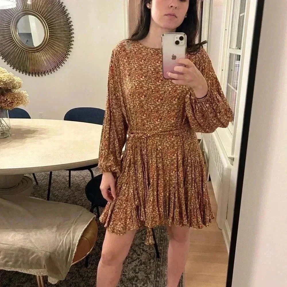 AURA Ballon Sleeve bat wing braided Belt flowy Boho floral fall mini dress S-M - Picture 4 of 15
